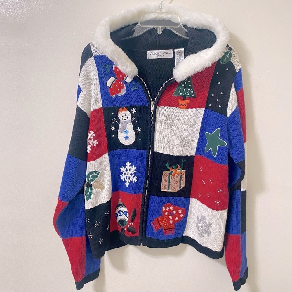 Victoria Jones Christmas Sweater, zip-up hoodie Vintage Petite Large
